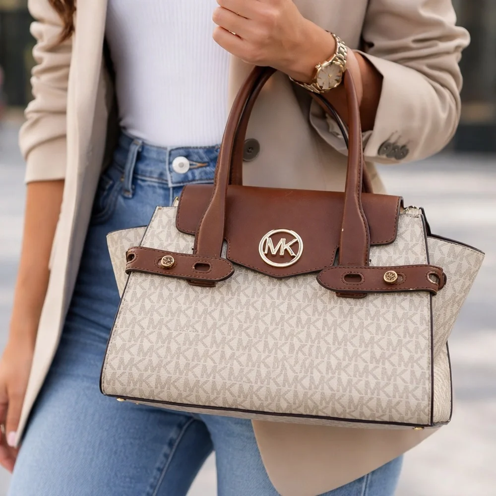 Michael Kors MK Logo Satchel • Brown & Tan • Structured Handbag